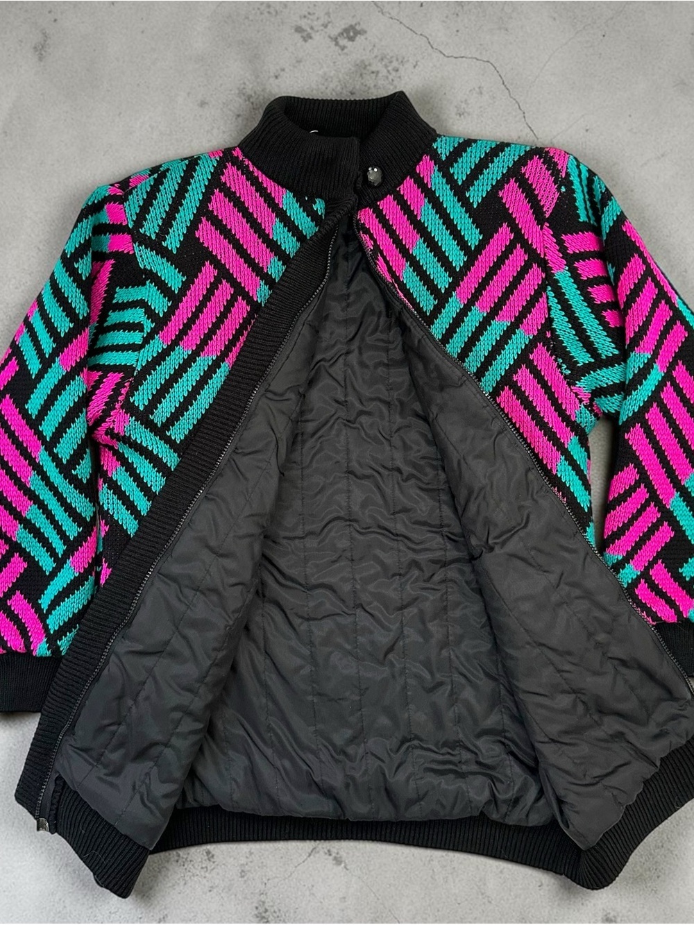 Vintage 80s Chori Oversized Colourblock Geometric Knit Bomber Jacket Pink Teal S - Picture 9 of 10